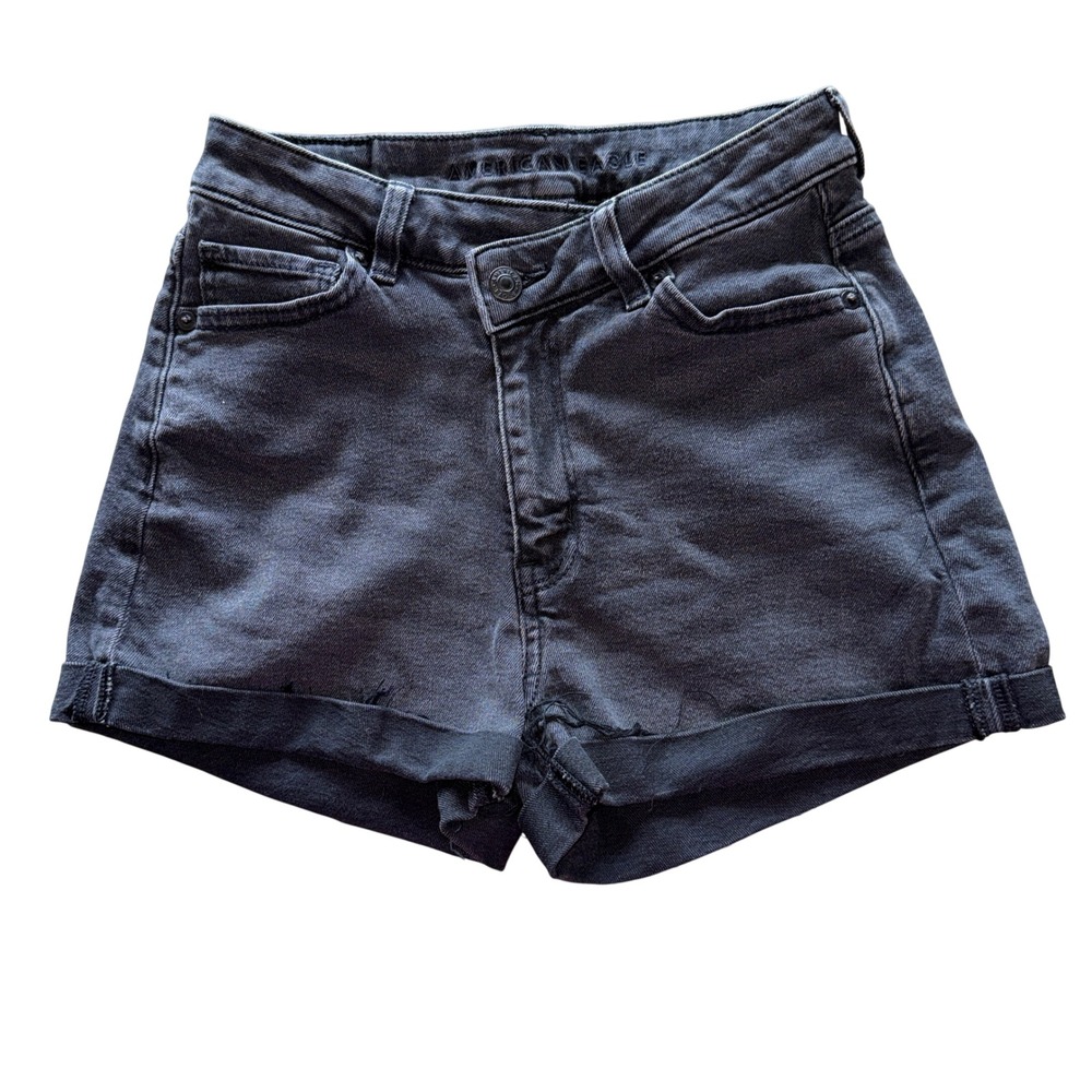 American Eagle Highest Rise Mom Shorts 0 Black Crossover Waist Raw Hem Denim